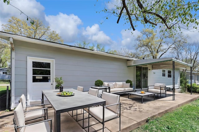 back of house featuring an outdoor hangout area, a patio area, and outdoor dining area