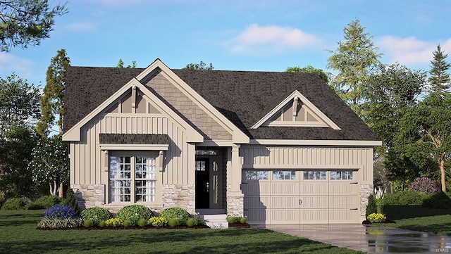 view of front of house with driveway, an attached garage, a front lawn, stone siding, and board and batten siding