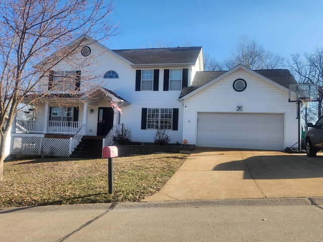 view of front of home featuring a porch, a front yard, a garage, and driveway