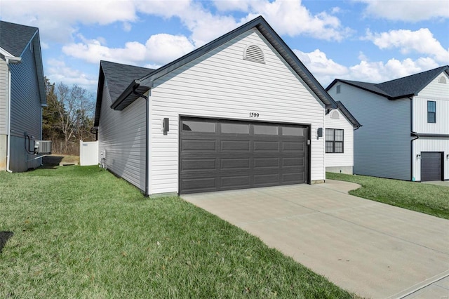 view of property exterior featuring a yard, driveway, and an attached garage