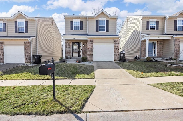 view of front facade featuring a front yard, an attached garage, brick siding, and concrete driveway