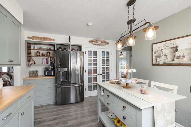 kitchen featuring wooden counters, stainless steel fridge with ice dispenser, dark wood finished floors, french doors, and open shelves