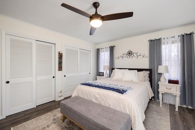 bedroom featuring two closets, ornamental molding, a textured ceiling, wood finished floors, and ceiling fan