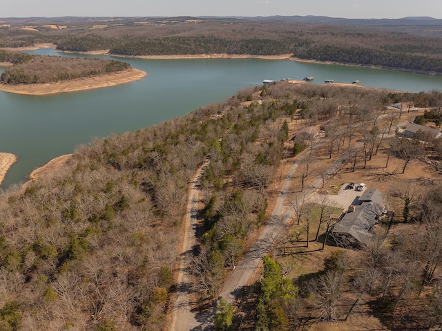 drone / aerial view featuring a view of trees and a water view