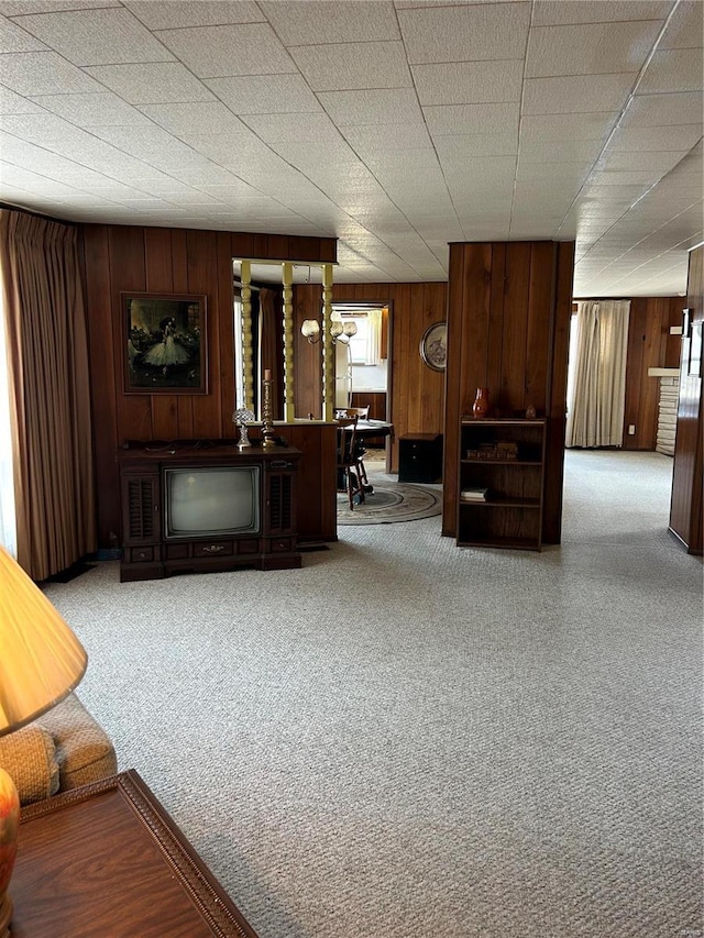 living room with carpet flooring and wood walls