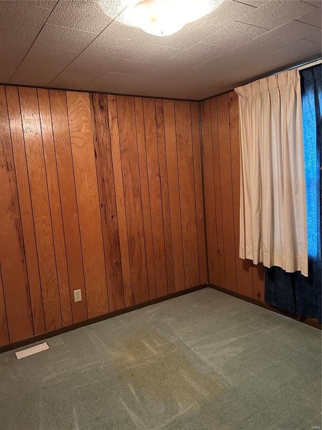 unfurnished room featuring wooden walls and carpet flooring