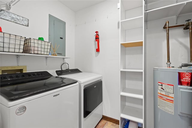 laundry room with electric panel, electric water heater, laundry area, and washer and dryer