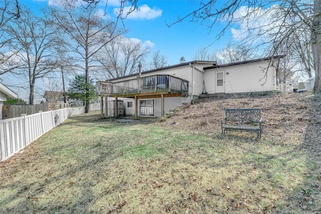 rear view of house featuring a fenced backyard, a lawn, and a deck