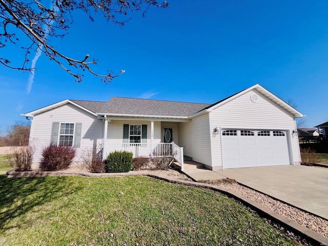 ranch-style home featuring a front yard, driveway, covered porch, a shingled roof, and a garage