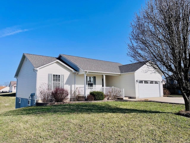 single story home featuring covered porch, an attached garage, concrete driveway, and a front yard