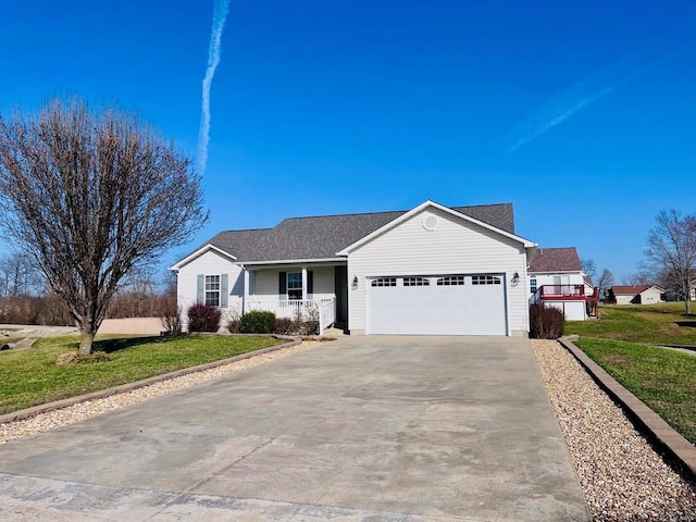 ranch-style house with an attached garage, a porch, concrete driveway, and a front yard