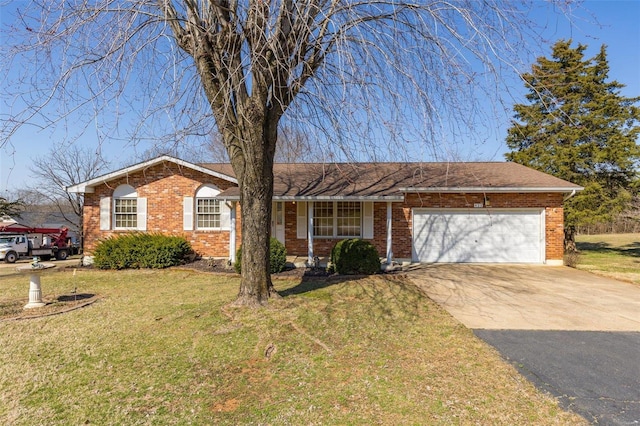 single story home with brick siding, a shingled roof, a front lawn, concrete driveway, and a garage