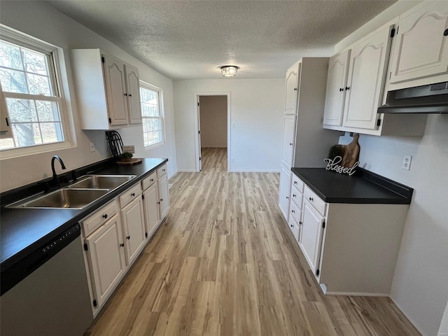 kitchen featuring a sink, dark countertops, dishwasher, and light wood finished floors