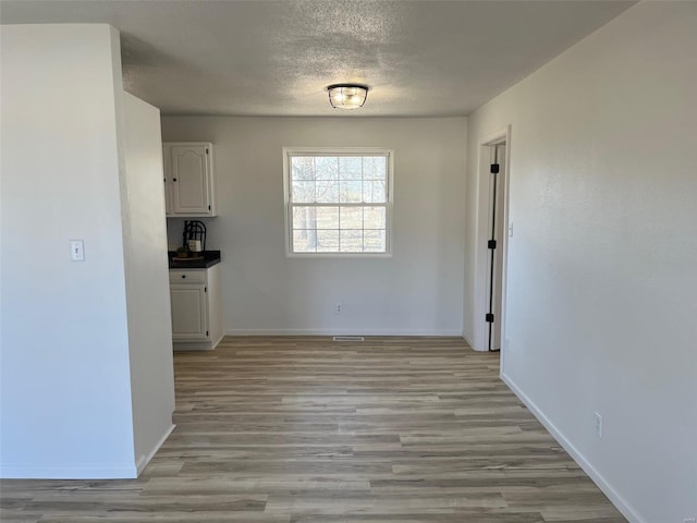 unfurnished dining area featuring baseboards, light wood-type flooring, and a textured ceiling