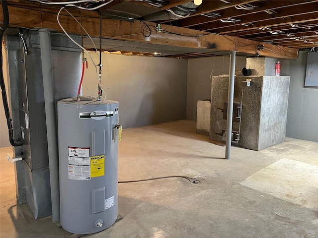 unfinished basement featuring water heater