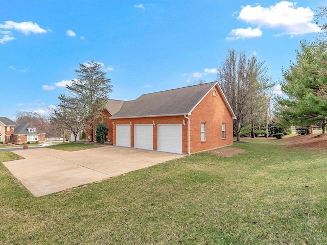 view of home's exterior featuring brick siding, an attached garage, roof with shingles, a lawn, and driveway