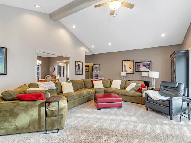 living area with beamed ceiling, recessed lighting, a ceiling fan, and carpet floors