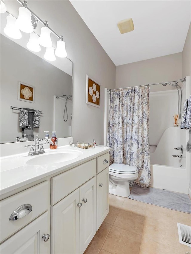 full bath with tile patterned flooring, visible vents, toilet, shower / tub combo with curtain, and vanity