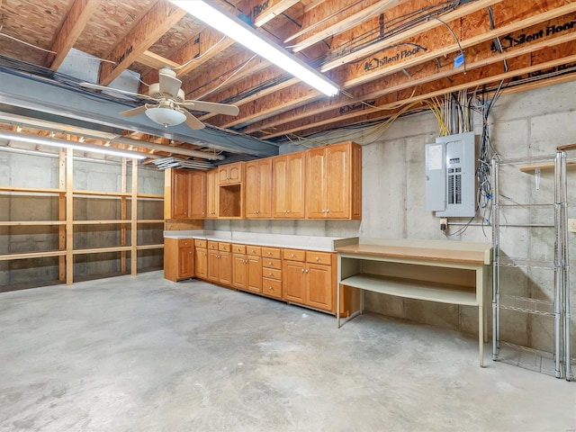 unfinished below grade area featuring electric panel and ceiling fan