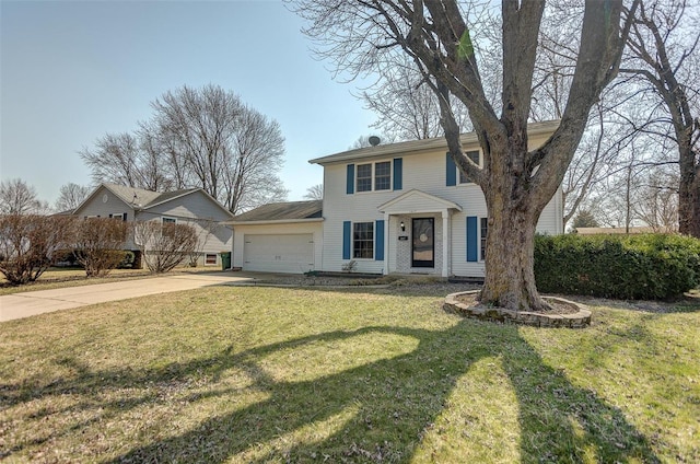 view of front facade featuring concrete driveway, an attached garage, and a front yard