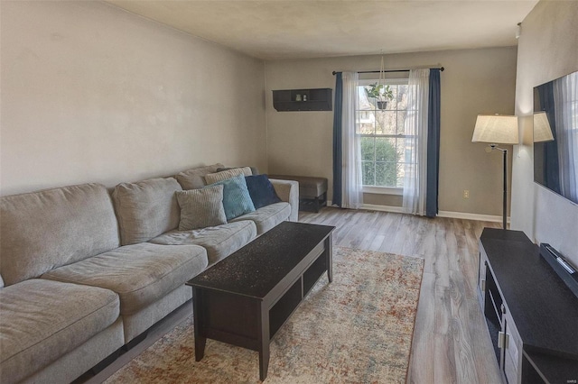 living area featuring baseboards and wood finished floors