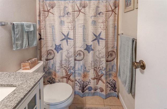 full bath with tile patterned floors, a shower with shower curtain, toilet, and vanity