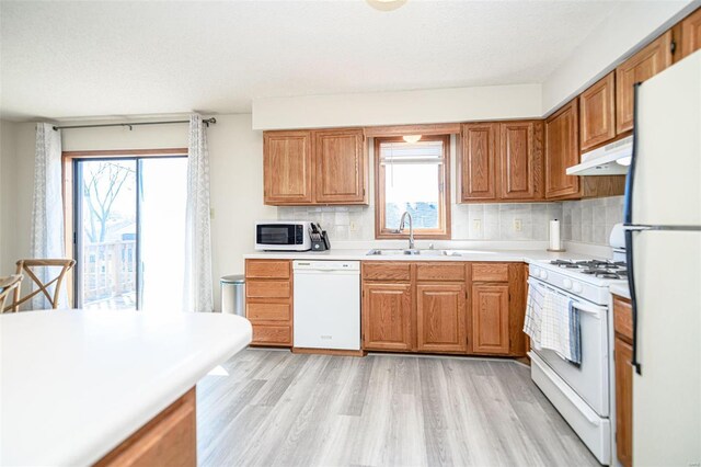 kitchen featuring under cabinet range hood, white appliances, a wealth of natural light, and a sink