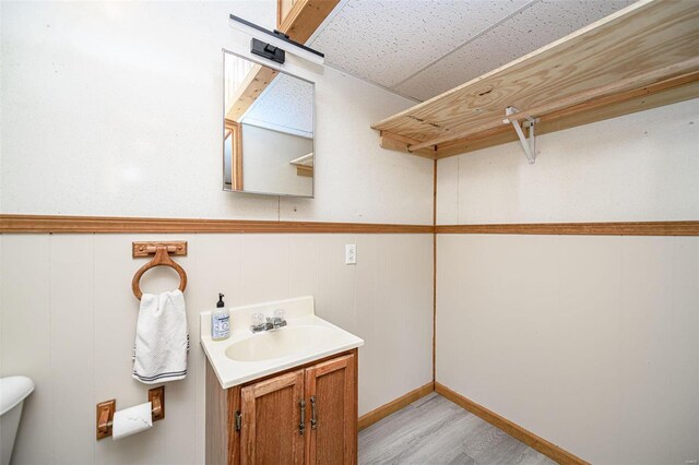 bathroom with a wainscoted wall, wood finished floors, and vanity