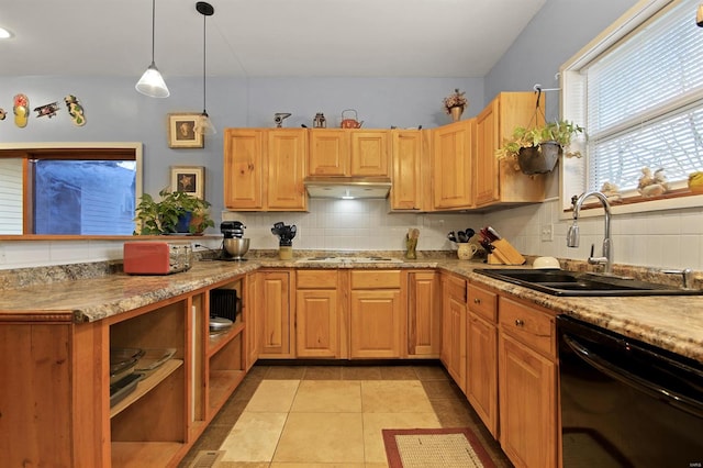 kitchen with backsplash, under cabinet range hood, black dishwasher, light tile patterned floors, and a sink