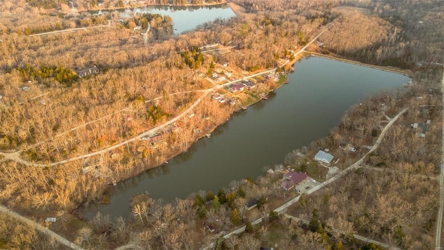 aerial view featuring a view of trees and a water view