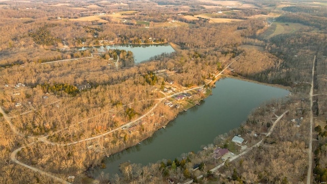 bird's eye view featuring a view of trees and a water view