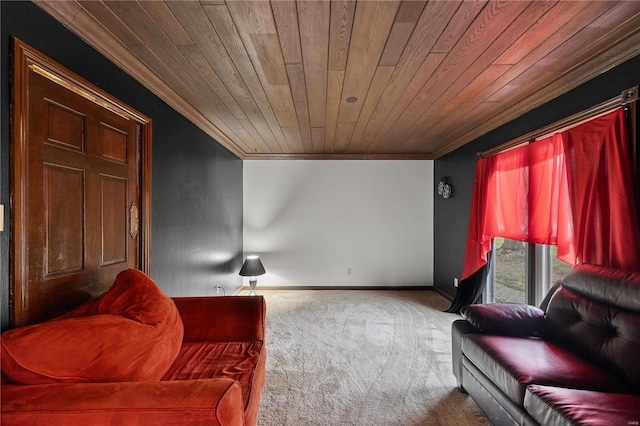 carpeted living area with crown molding, baseboards, and wooden ceiling