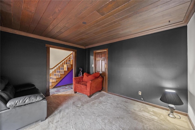 cinema featuring baseboards, carpet, wood ceiling, and crown molding