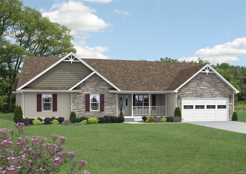 view of front facade with a front lawn, an attached garage, stone siding, and a shingled roof