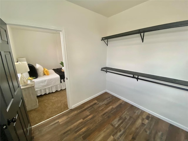 walk in closet with dark wood-style flooring
