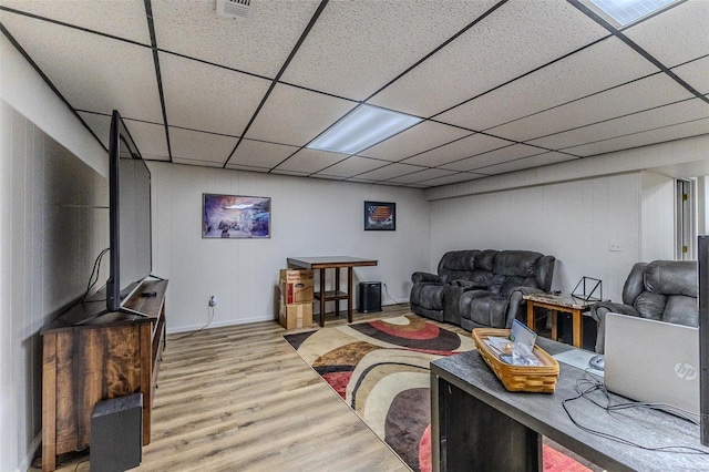 living room featuring visible vents, a paneled ceiling, and wood finished floors