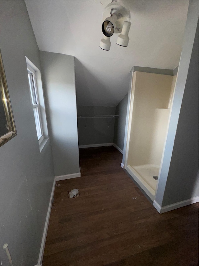 interior space featuring baseboards, lofted ceiling, wood finished floors, and a stall shower