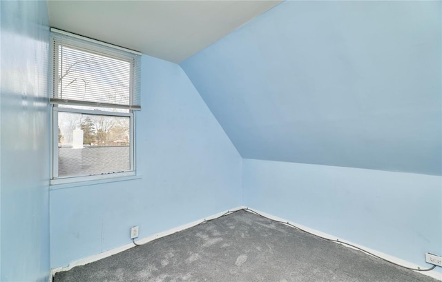 additional living space with baseboards, lofted ceiling, and carpet flooring