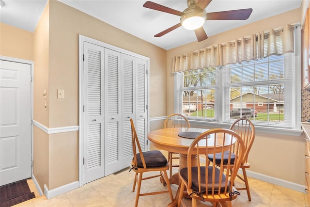 dining room with baseboards and ceiling fan