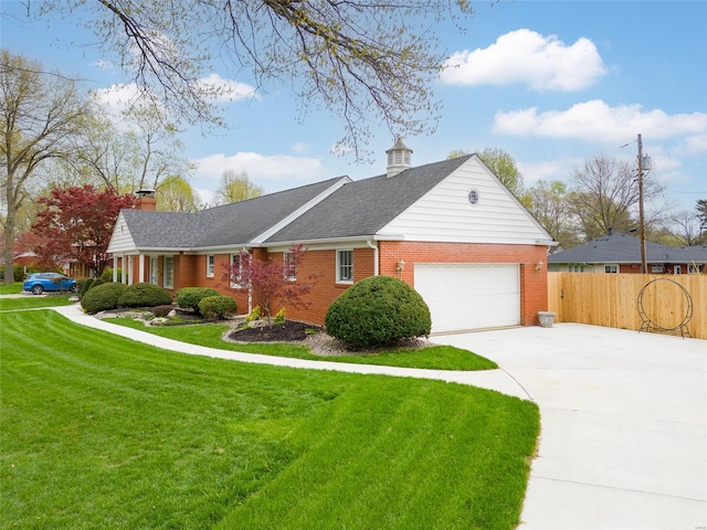 single story home featuring a front yard, fence, brick siding, a chimney, and concrete driveway