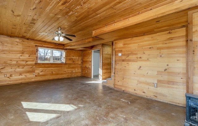 empty room featuring a wood stove, wooden ceiling, a ceiling fan, and wooden walls