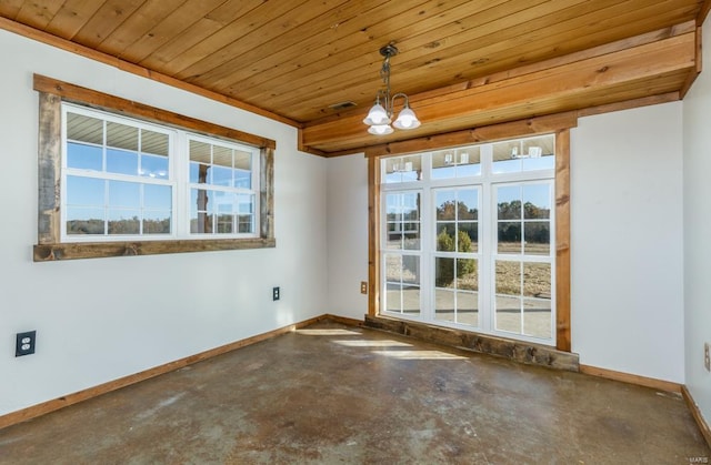 spare room with baseboards, unfinished concrete flooring, a chandelier, and wood ceiling