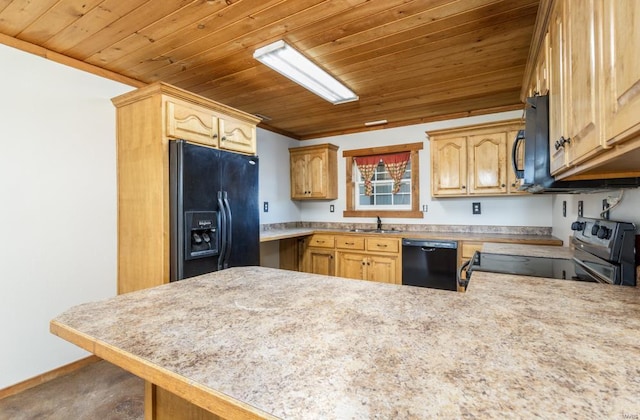 kitchen featuring a sink, light countertops, a peninsula, wood ceiling, and black appliances