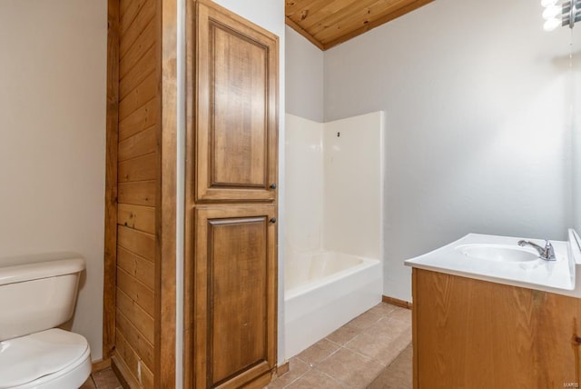 bathroom featuring vanity, shower / washtub combination, tile patterned flooring, toilet, and wooden ceiling