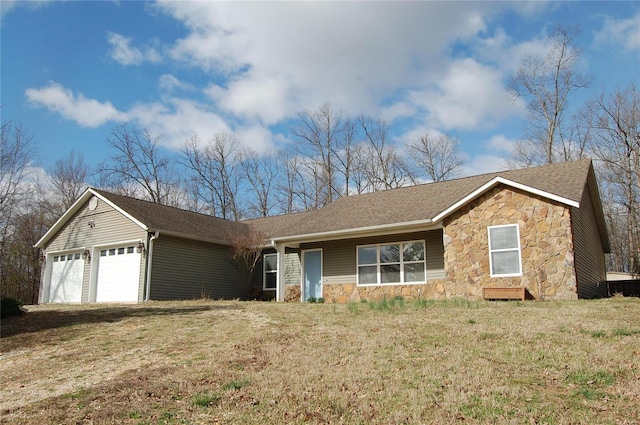 ranch-style home featuring a garage, stone siding, a front lawn, and a shingled roof