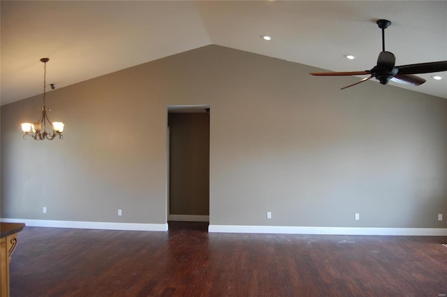 unfurnished room featuring baseboards, lofted ceiling, recessed lighting, ceiling fan with notable chandelier, and dark wood-style floors