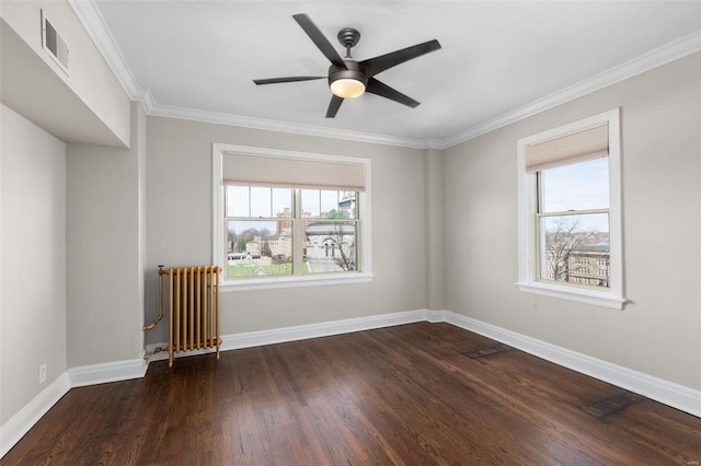empty room with radiator, visible vents, baseboards, and dark wood-style floors