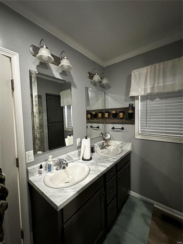 bathroom featuring double vanity, crown molding, baseboards, and a sink