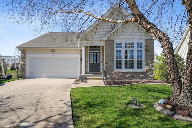 view of front of home featuring a front lawn, stone siding, roof with shingles, an attached garage, and driveway