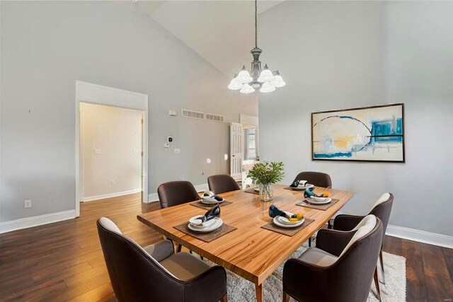 dining room featuring a notable chandelier, high vaulted ceiling, baseboards, visible vents, and dark wood-style floors
